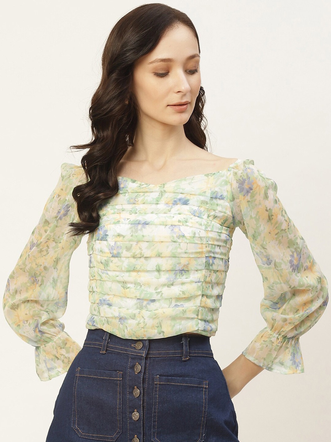 

DressBerry Floral Printed Pleated Smocked Chiffon Top, White