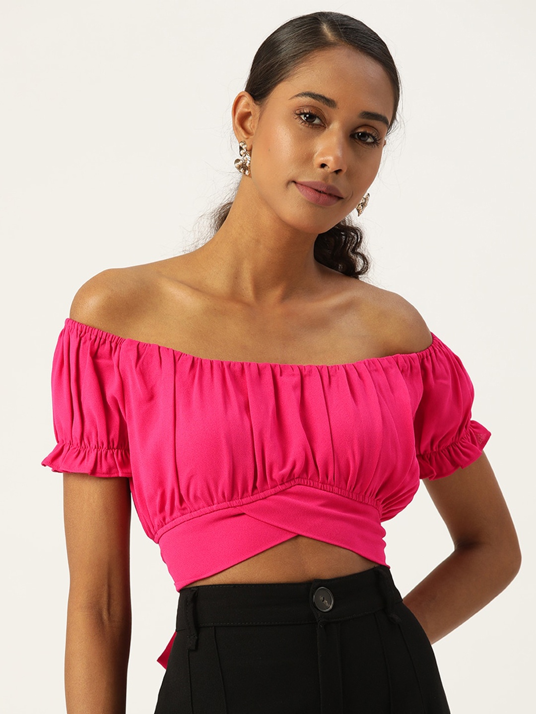 

DressBerry Off-Shoulder Styled Back Crop Top, Pink