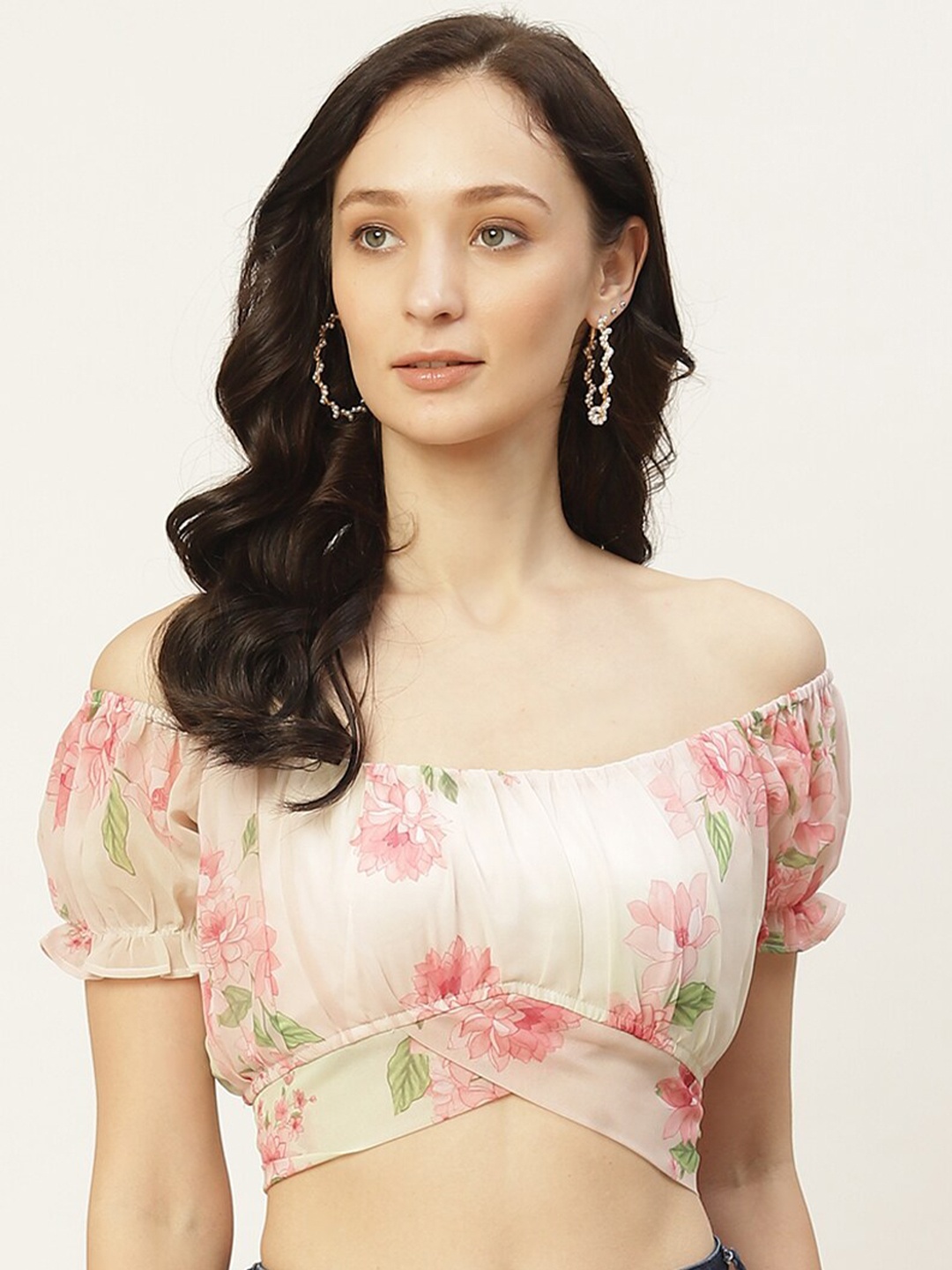 

DressBerry Floral Print Off-Shoulder Georgette Crop Top, Pink
