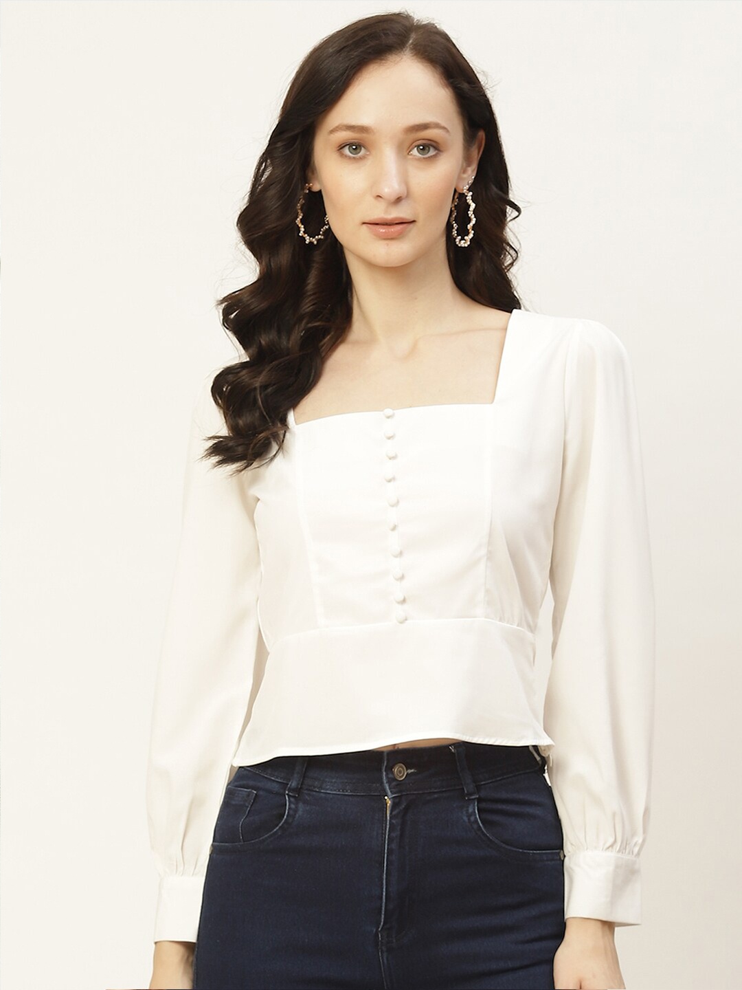 

DressBerry Square Neck Puff Sleeves Peplum Crepe Top, White