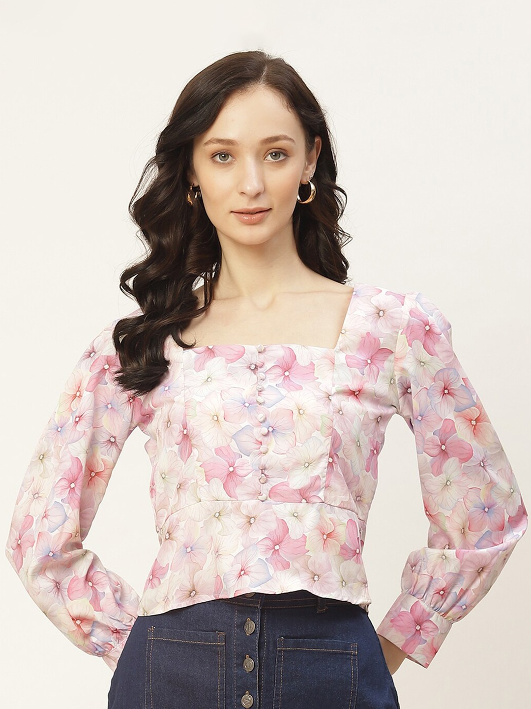 

DressBerry Floral Printed Cuffed Sleeves Top, White