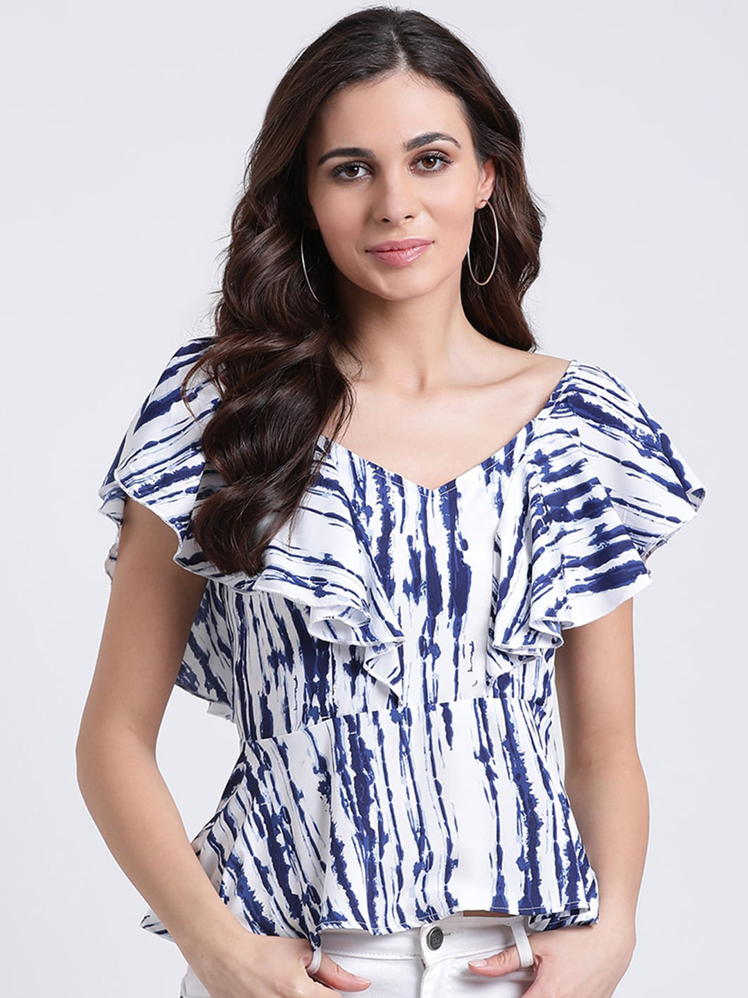 

DressBerry V-Neck Tie & Dye Flutter Sleeve Printed Peplum Top, Blue