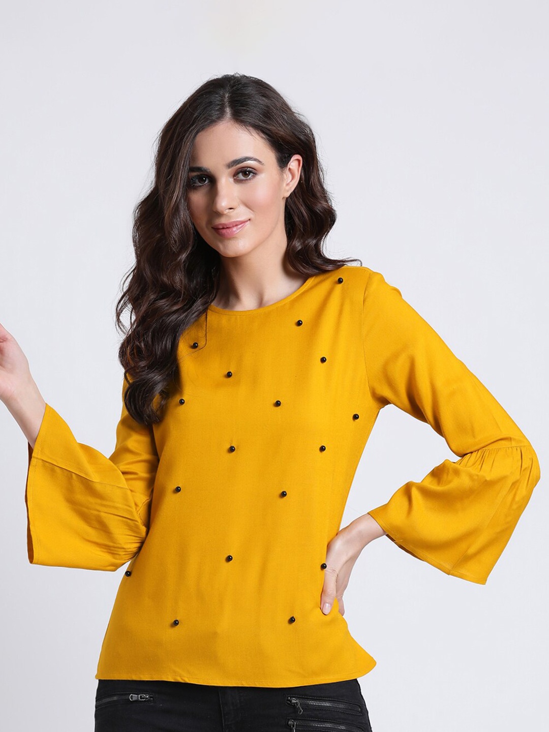 

DressBerry Embellished Studded Bell Sleeves Top, Mustard
