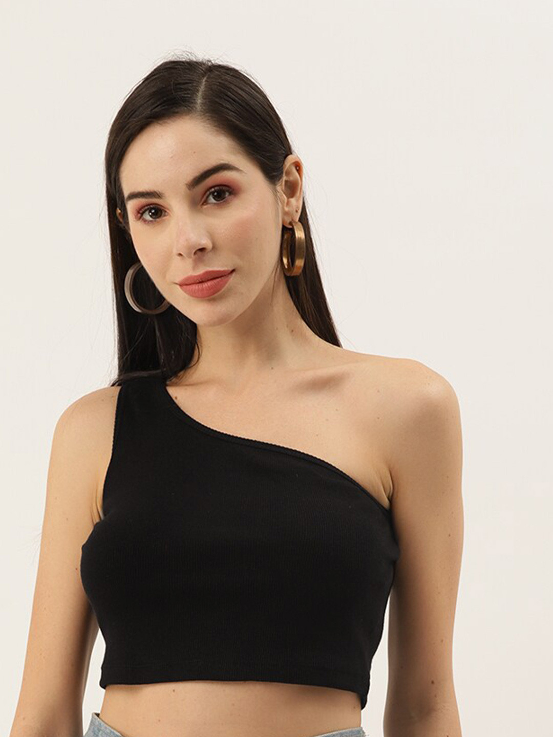 

DressBerry Sleeveless One Shoulder Ribbed Fitted Crop Top, Black