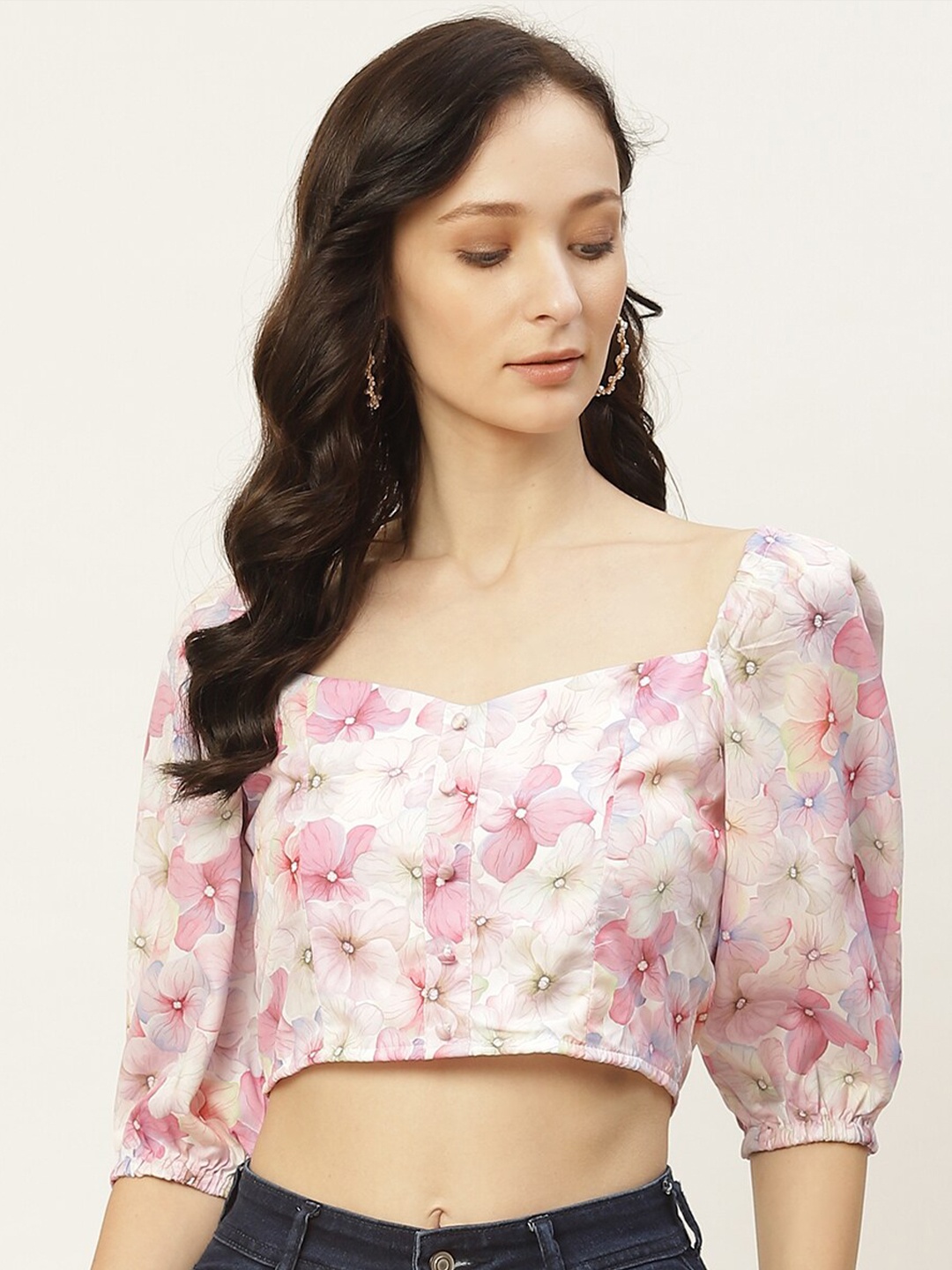 

DressBerry Square Neck Floral Printed Smocked Styled Back Crepe Crop Top, Pink
