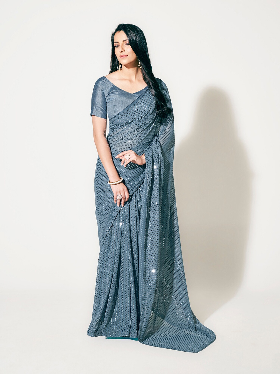 SHOPGARB Embellished Embroidered Sequinned Saree, Grey