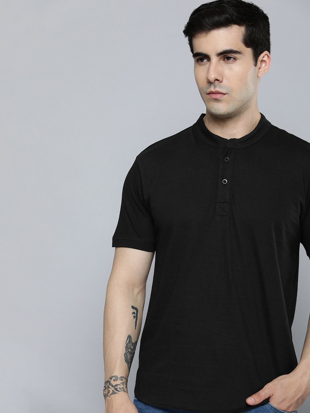 

ether Solid Cotton Henley Neck T-shirt, Black