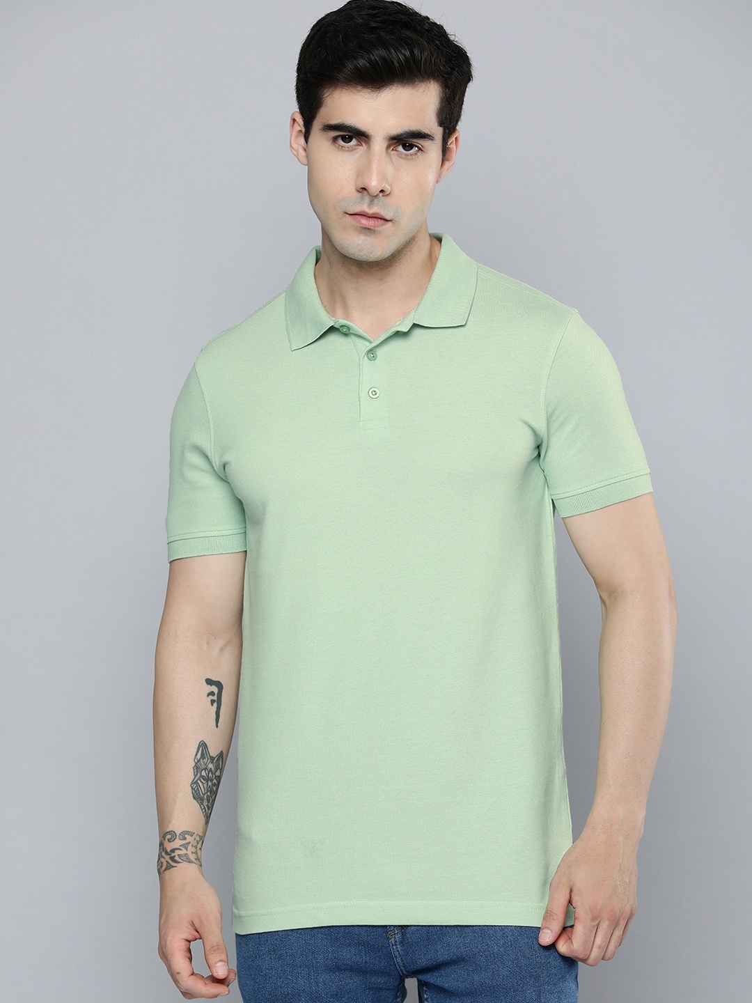 

ether Solid Polo Collar T-shirt, Green