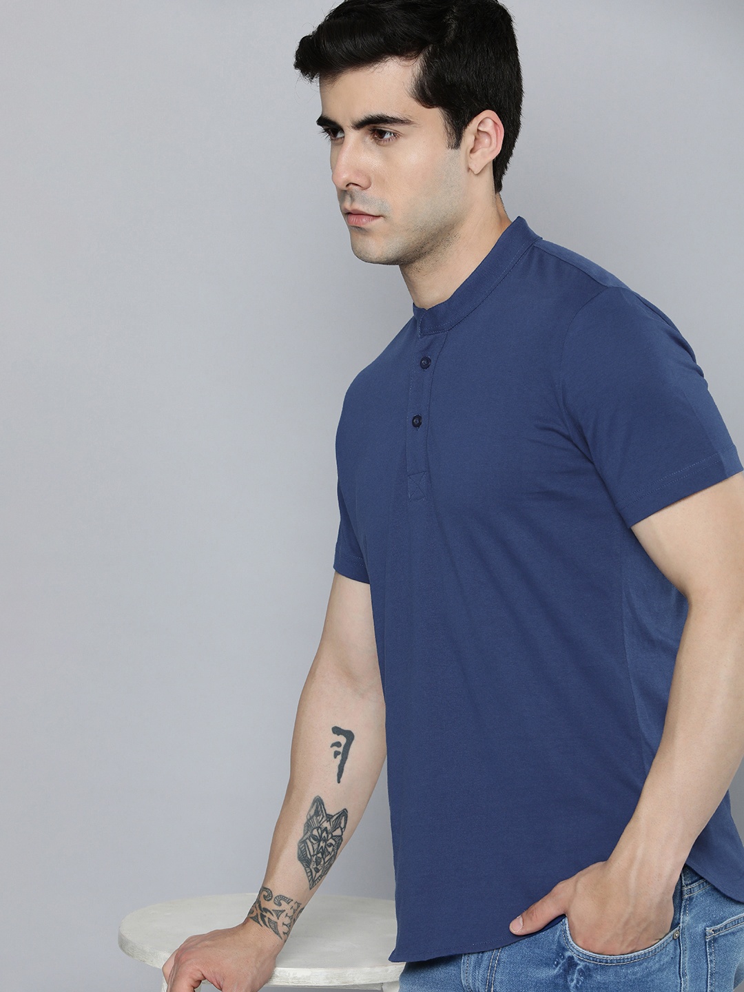 

ether Solid Cotton Henley Neck T-shirt, Navy blue