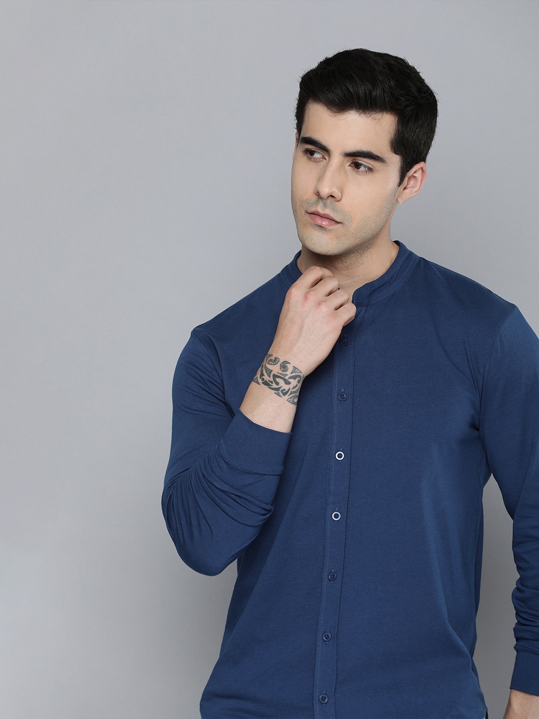 

ether Henley Neck T-shirt, Navy blue