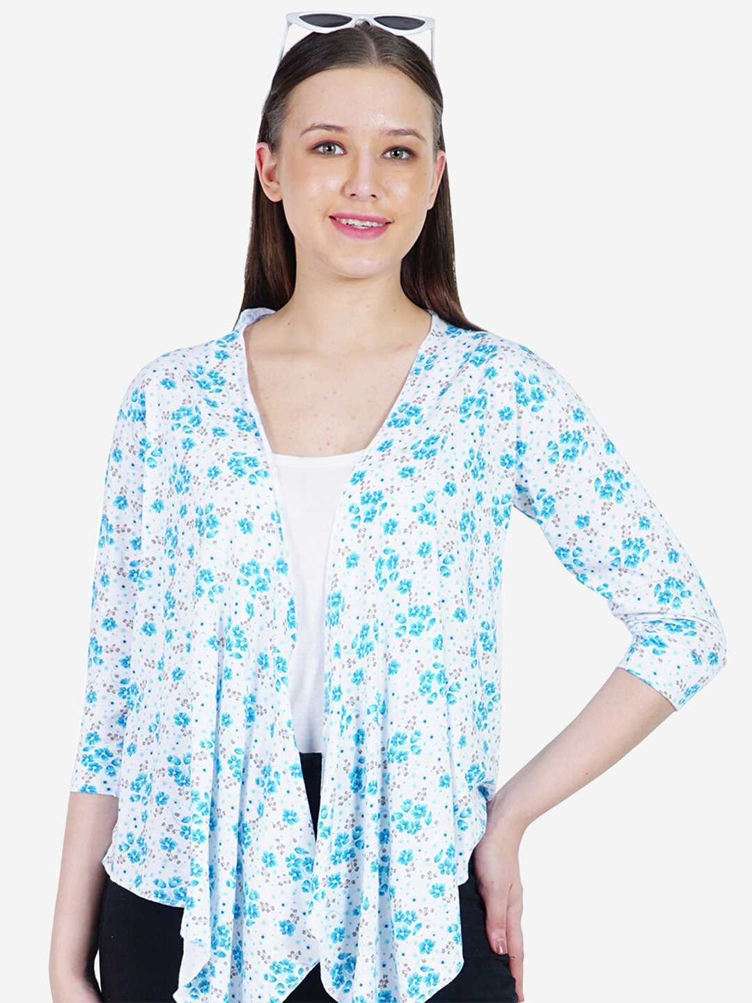 

TEEMOODS Floral Printed Asymmetric Cotton Shrug, White