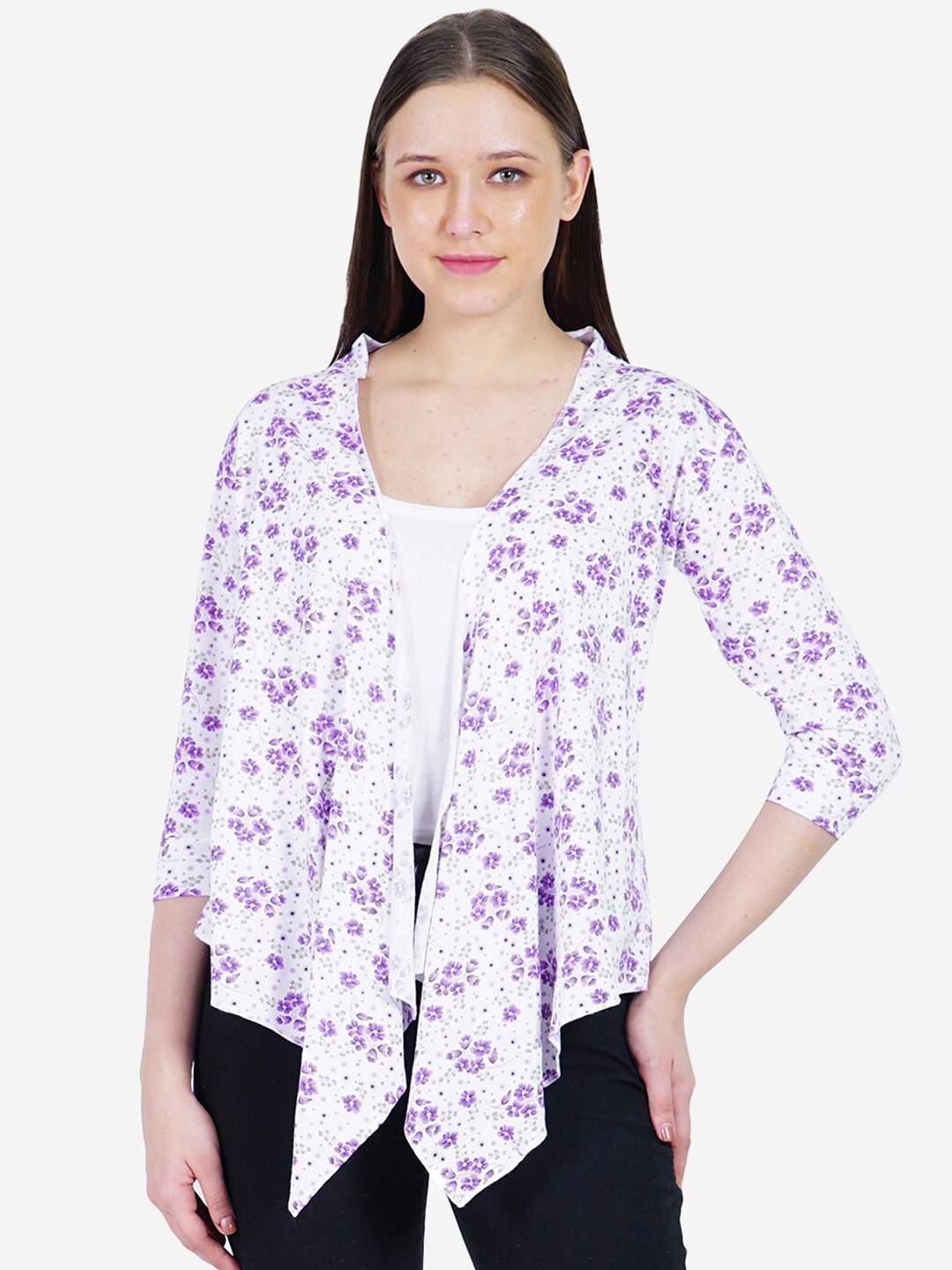 

TEEMOODS Floral Printed Asymmetric Cotton Shrug, White