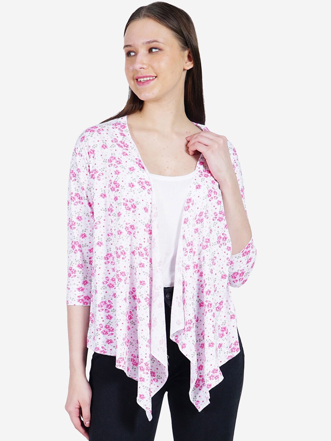 

TEEMOODS Floral Printed Asymmetric Cotton Shrug, Pink