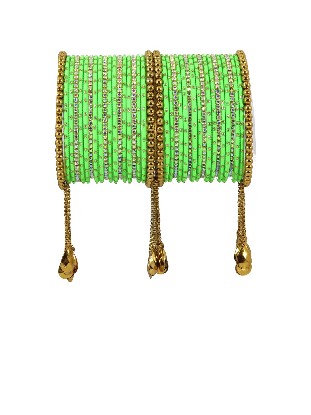 

NMII Set Of 38 Artificial Stones Studded & Latkan Bangles, Lime green