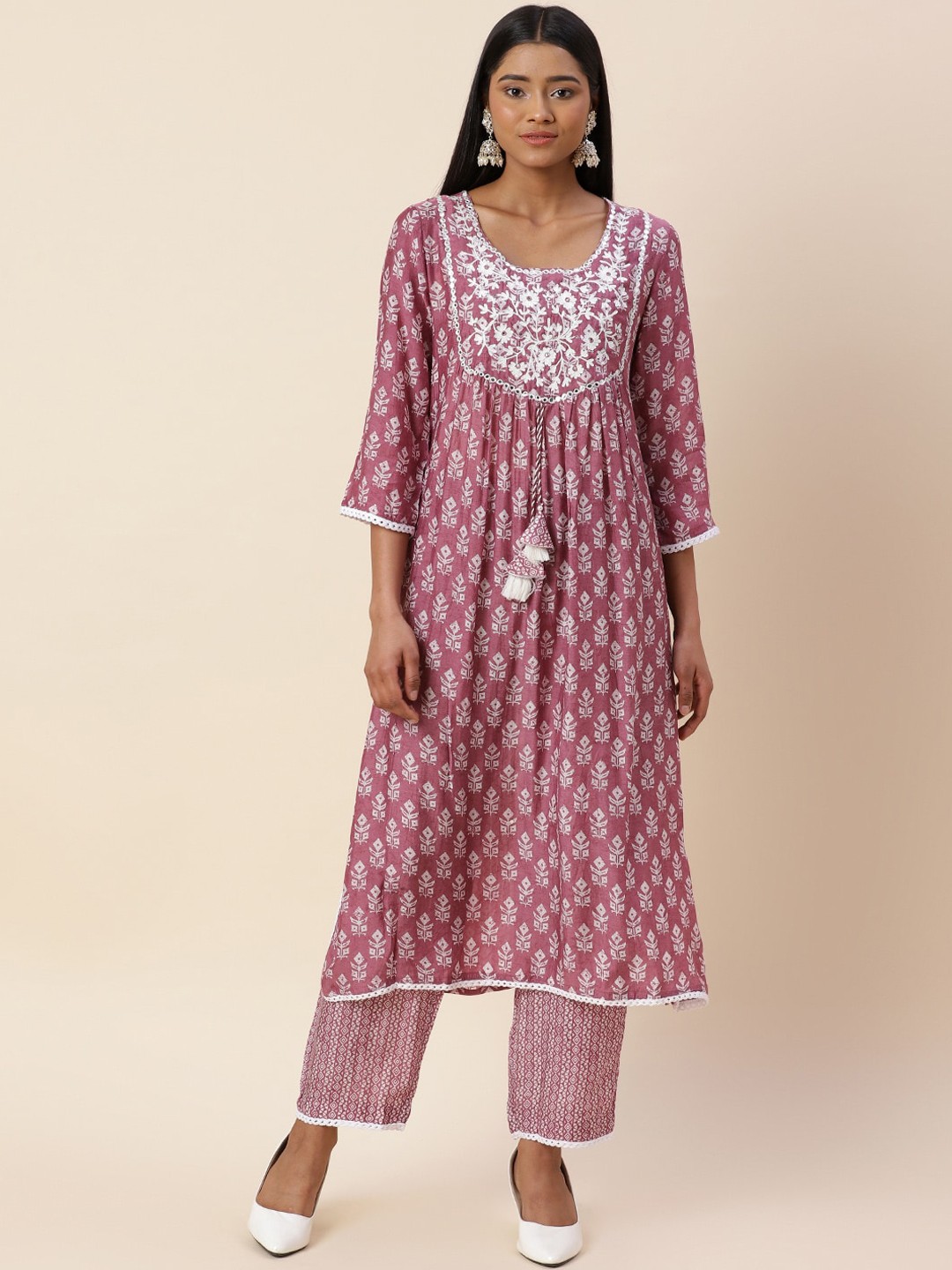 

Meena Bazaar Ethnic Motifs Printed Mirror Work Kurta with Trousers, Mauve