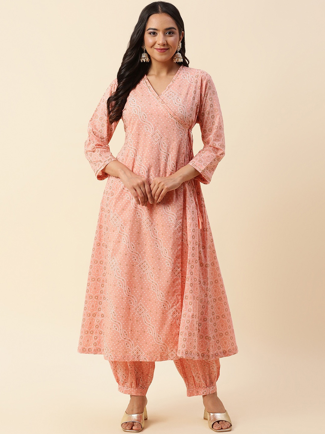 

Meena Bazaar Bandhani Printed Gotta Patti Angrakha Kurta with Trousers, Pink