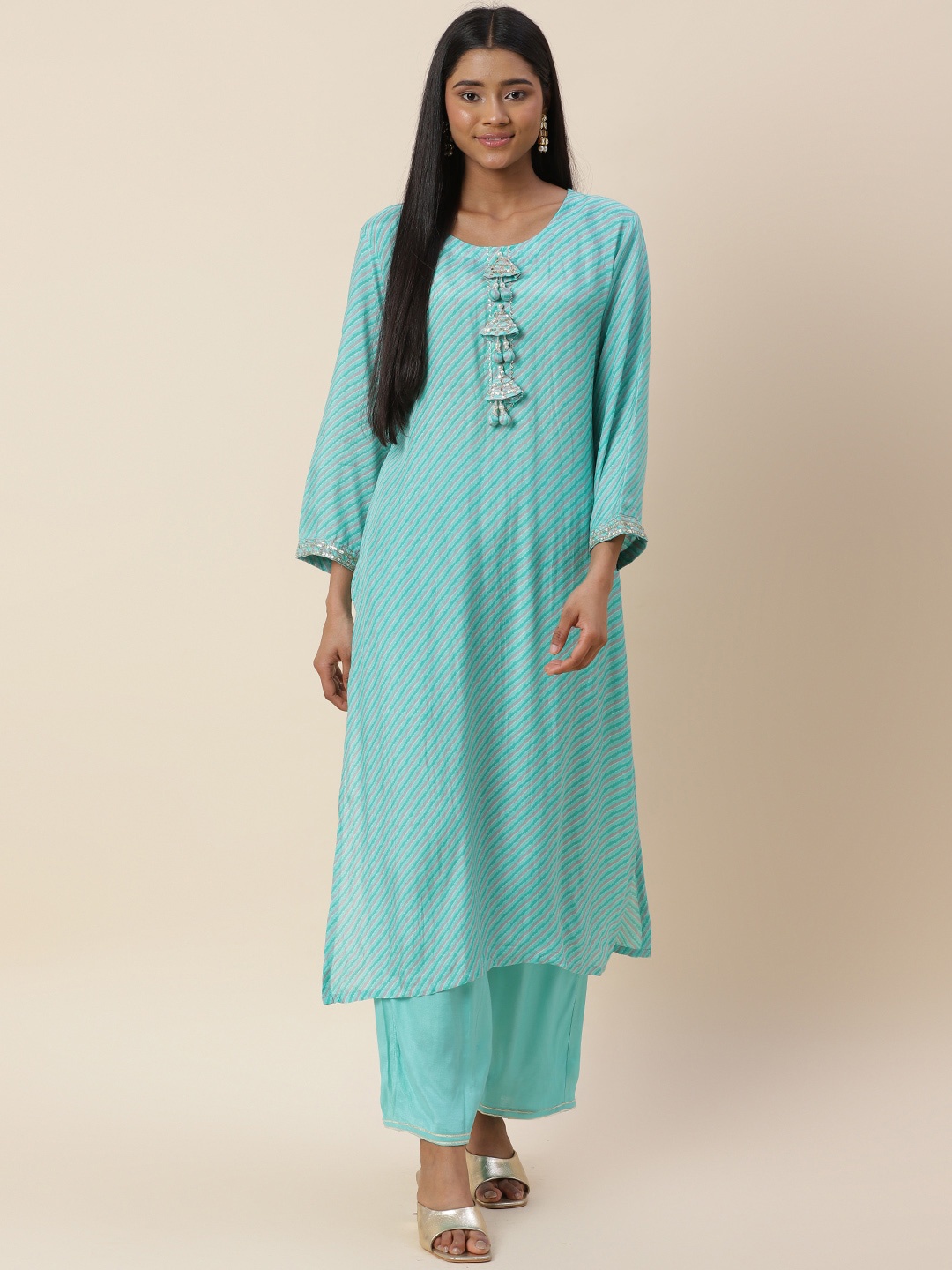 

Meena Bazaar Striped Gotta Patti Straight Kurta with Trousers, Turquoise blue