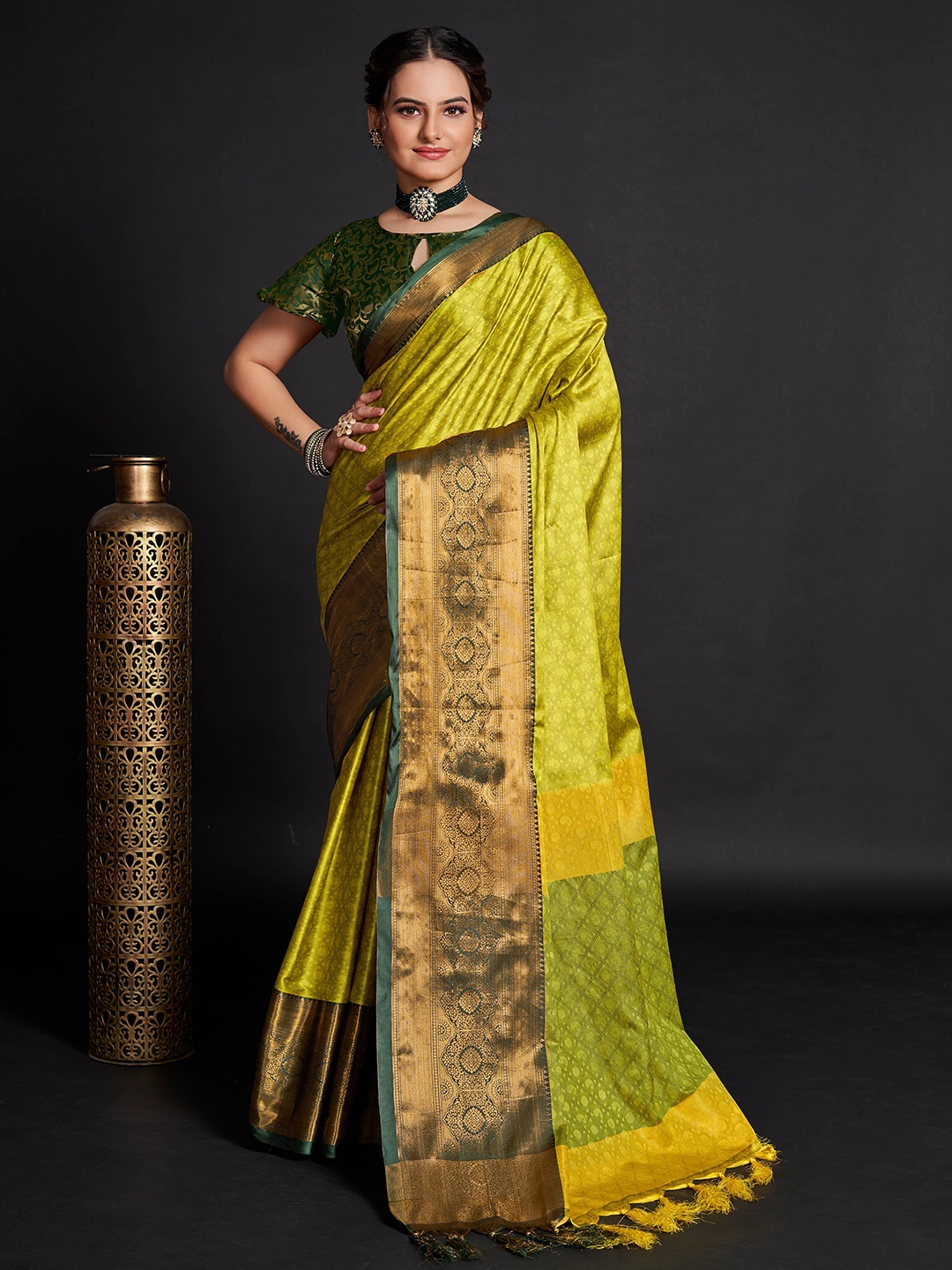 

Mitera Woven Design Zari Silk Blend Saree, Lime green