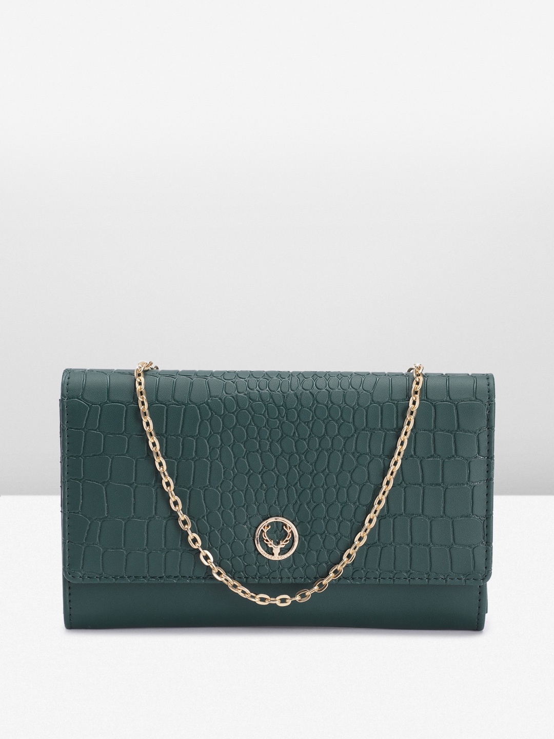 

Allen Solly Women Dinosaur Textured PU Envelope Wallet With A Sling Strap, Green