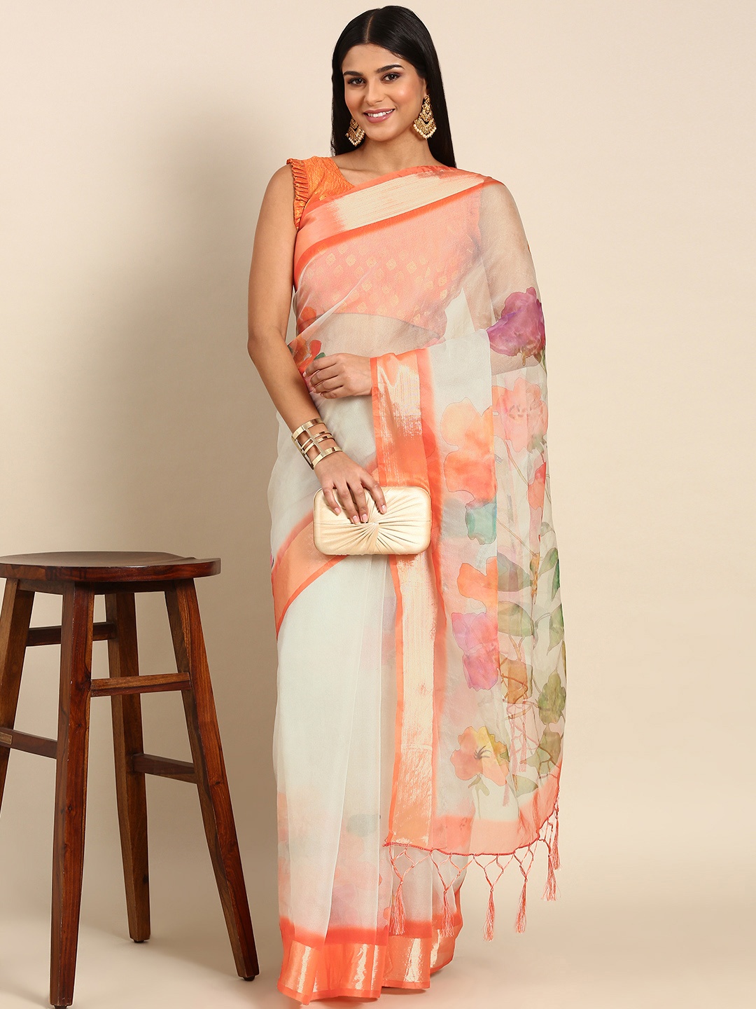 

Mitera Floral Zari Organza Saree, White