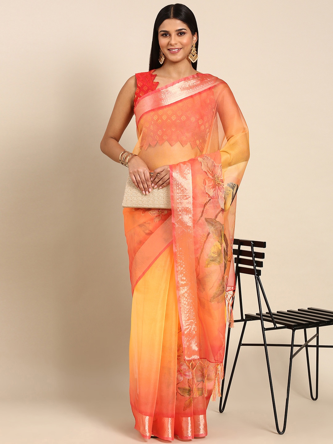 

Mitera Floral Zari Organza Saree, Yellow