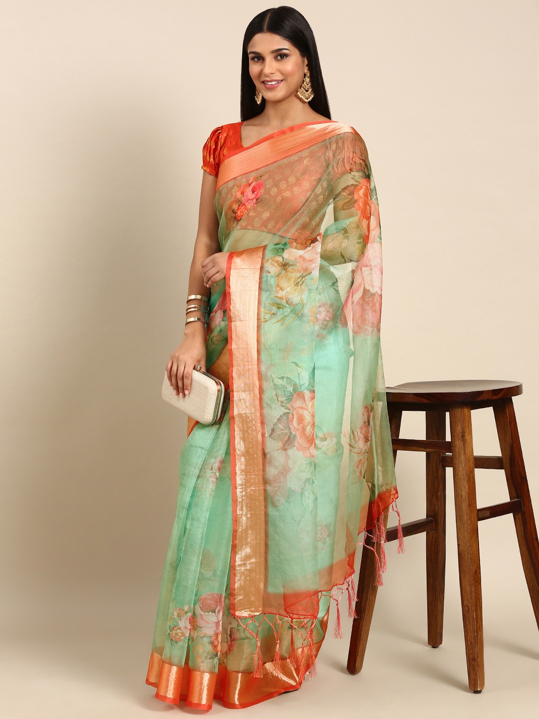 

Mitera Floral Zari Organza Saree, Sea green