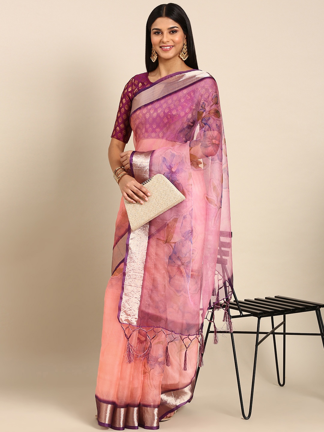 

Mitera Floral Zari Organza Saree, Pink