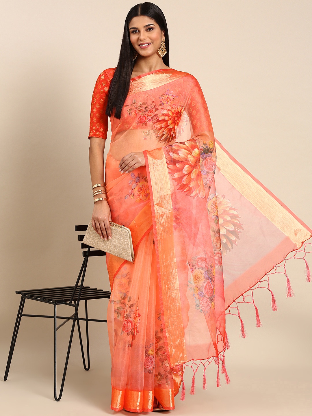 

Mitera Floral Zari Organza Saree, Peach