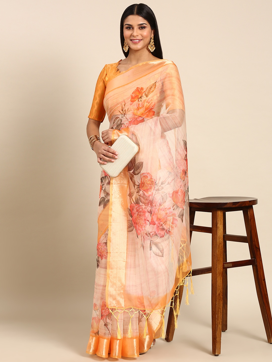 

Mitera Floral Zari Organza Saree, Cream