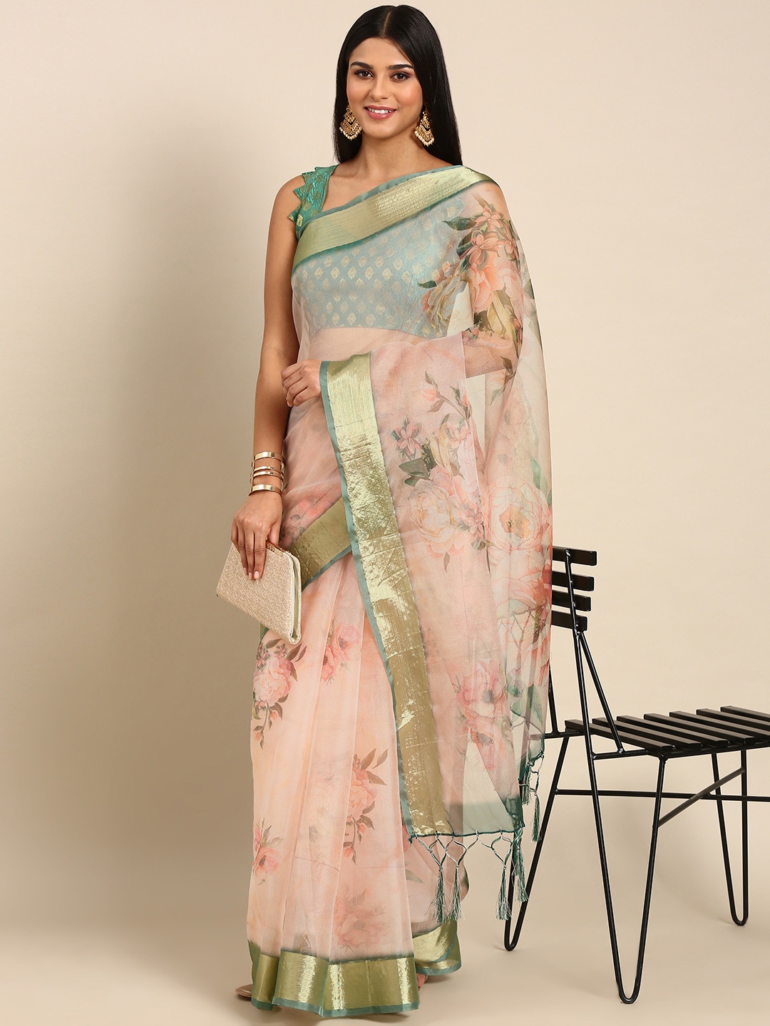 

Mitera Floral Zari Organza Saree, Rose