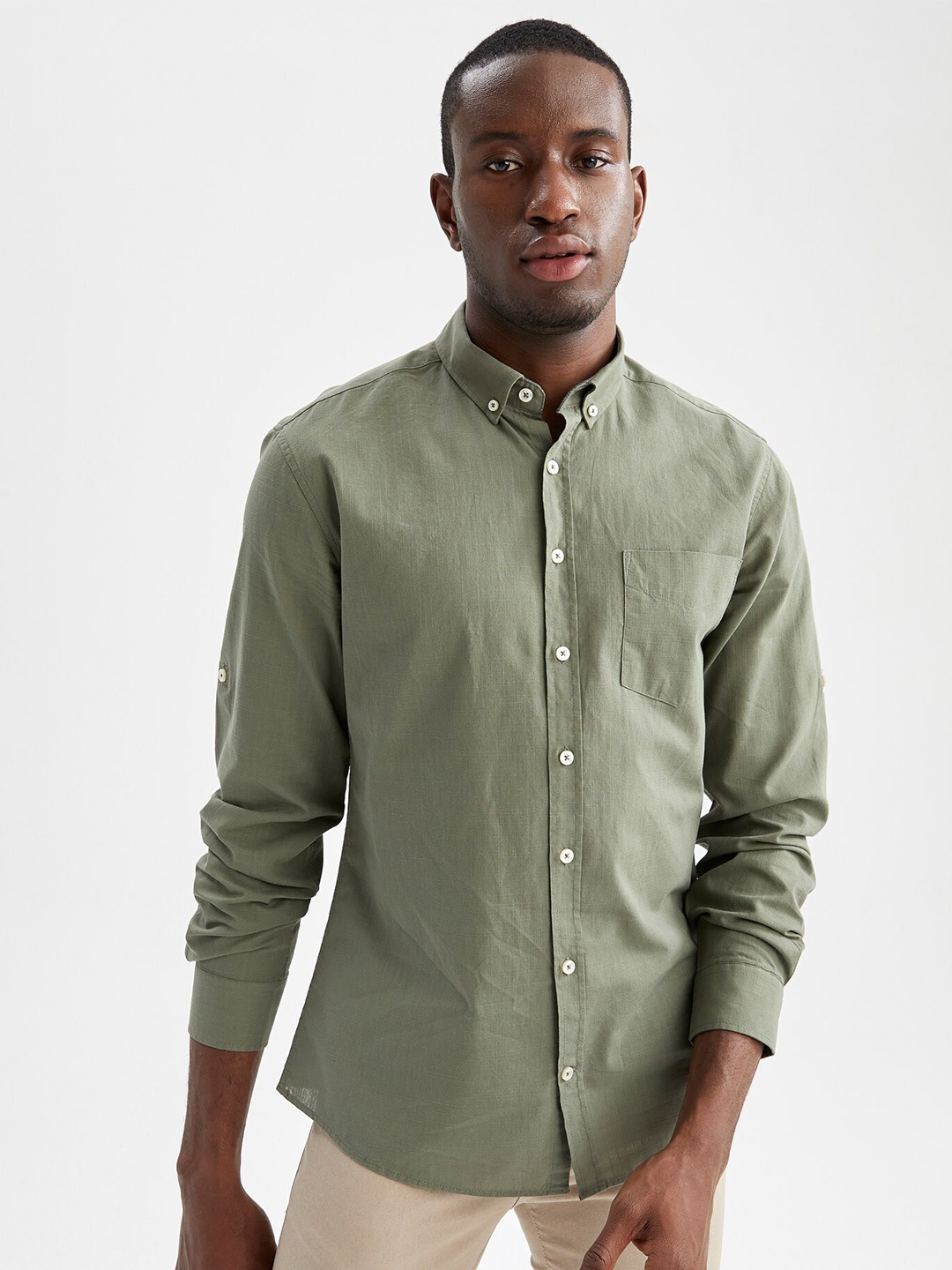 

DeFacto Button-Down Collar Pure Cotton Casual Shirt, Olive
