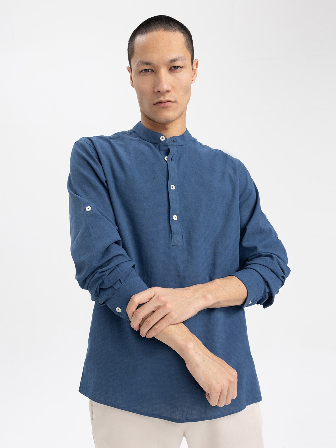 

DeFacto Mandarin Collar Pure Cotton Casual Shirt, Blue