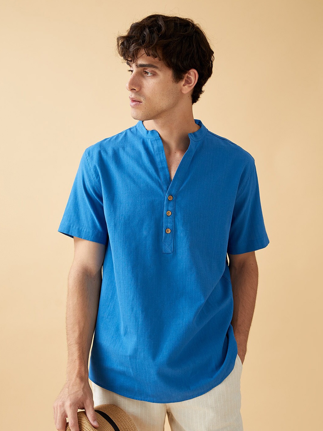 

DeFacto Mandarin Collar Pure Cotton Casual Shirt, Blue