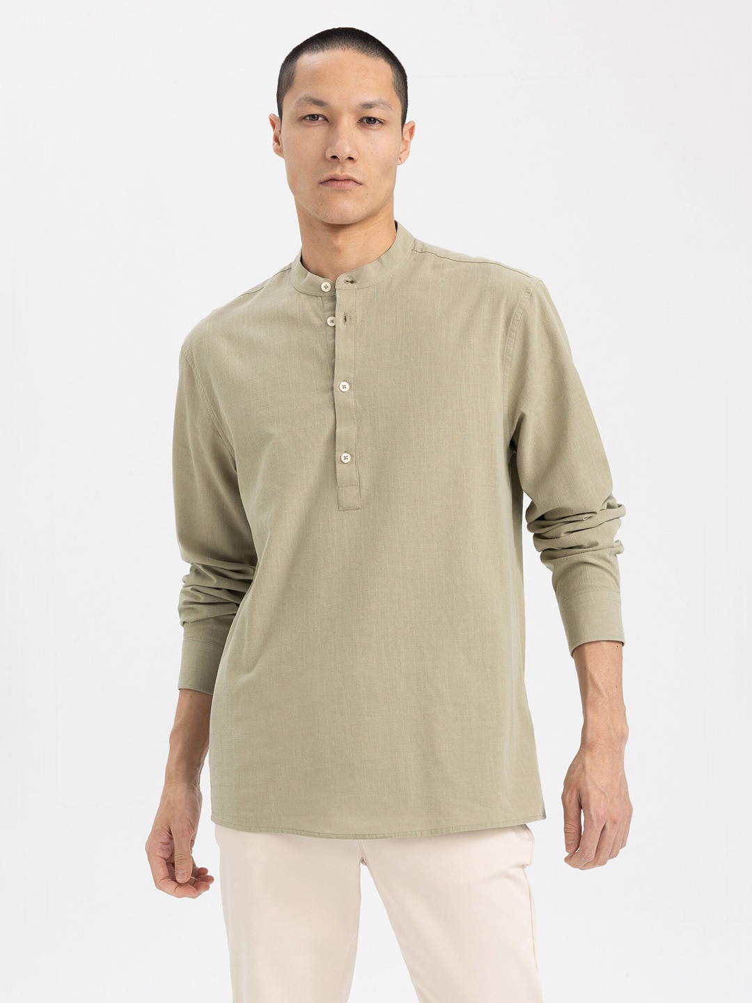 

DeFacto Mandarin Collar Cotton Casual Shirt, Green