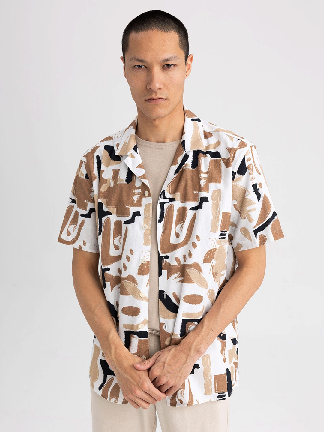 

DeFacto Abstract Printed Cotton Casual Shirt, Beige