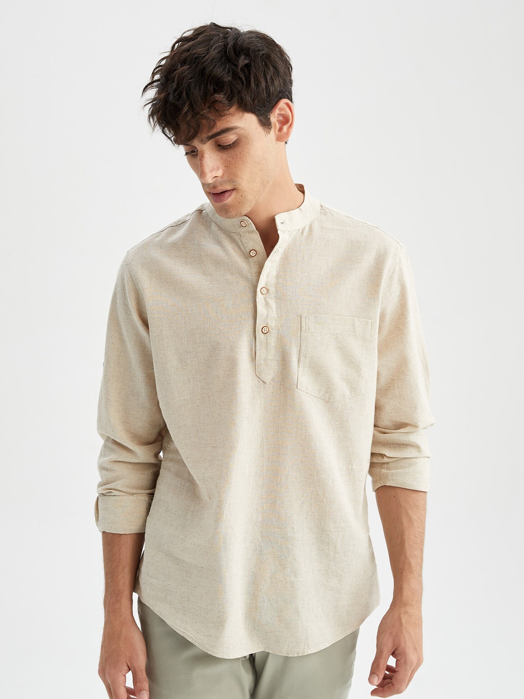 

DeFacto Mandarin Collar Casual Shirt, Beige