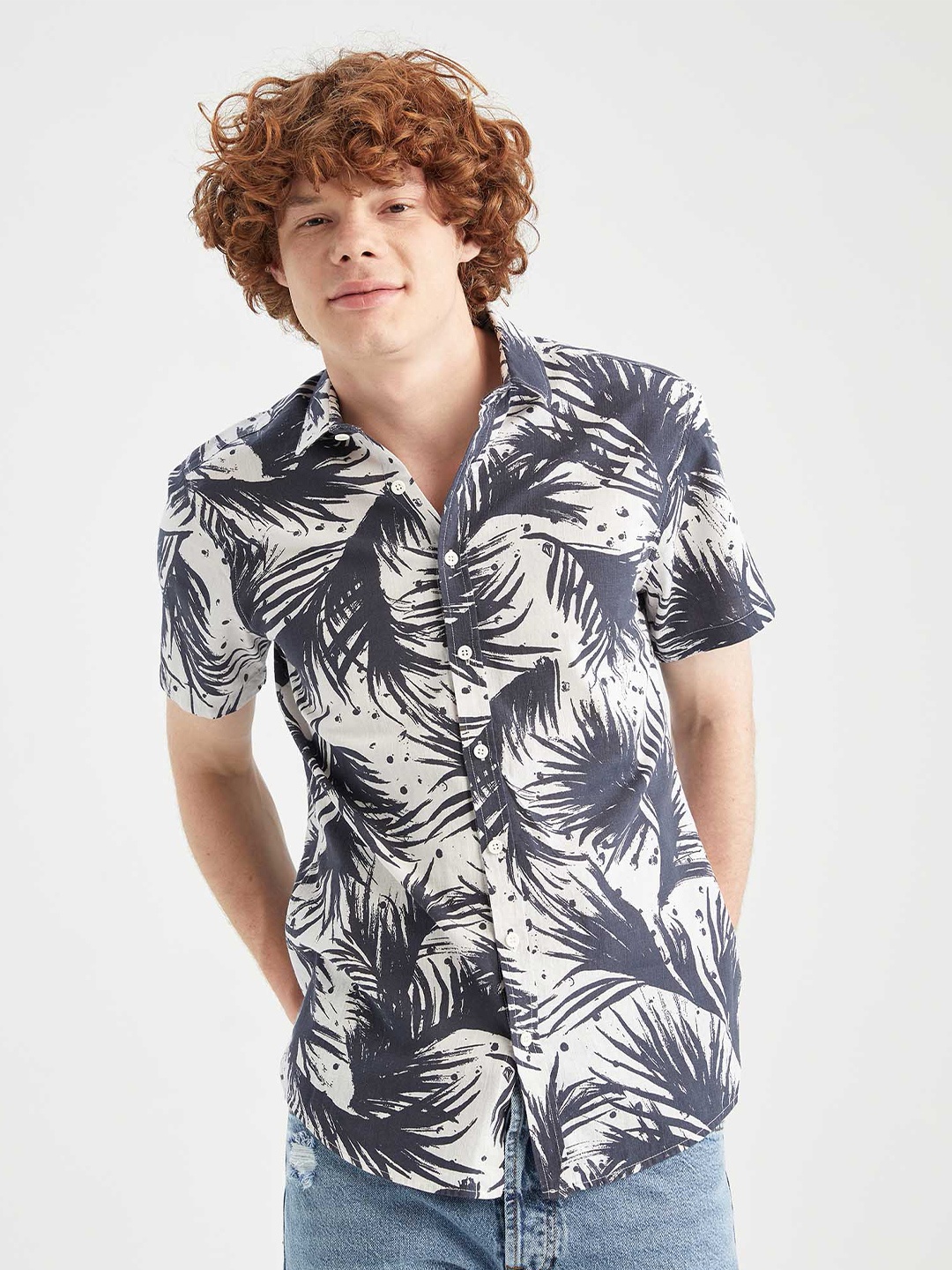 

DeFacto Floral Printed Cotton Casual Shirt, Cream