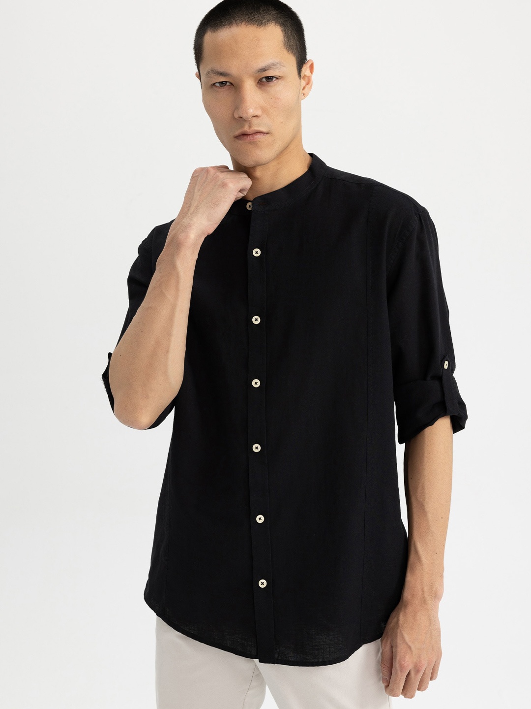 

DeFacto Mandarin Collar Cotton Casual Shirt, Black