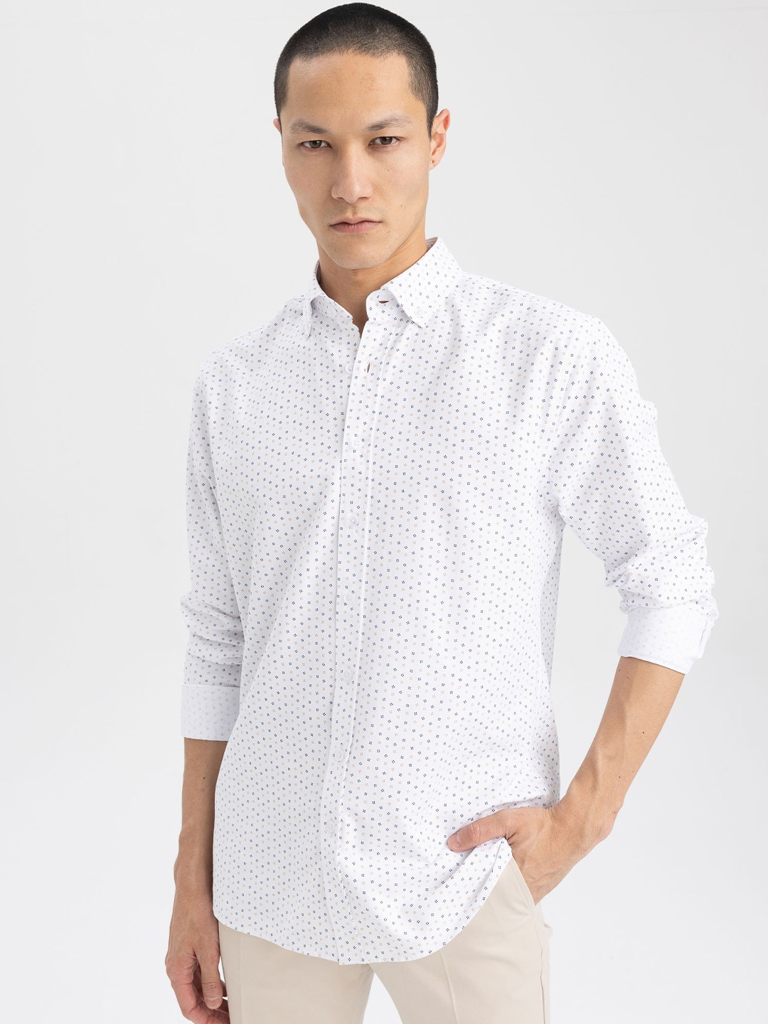 

DeFacto Button Down Collar Micro Ditsy Printed Cotton Casual Shirt, White