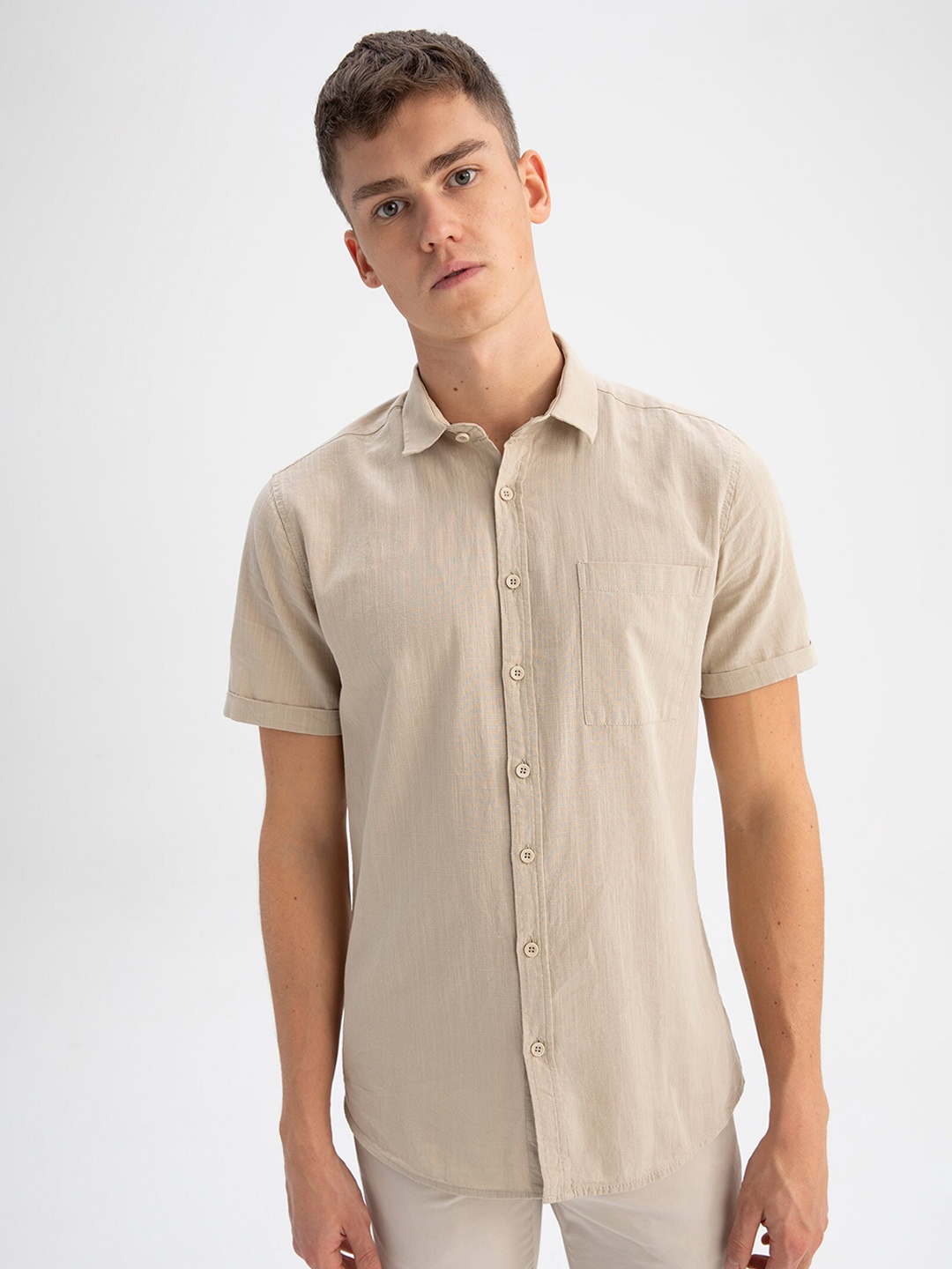 

DeFacto Spread Collar Cotton Casual Shirt, Beige