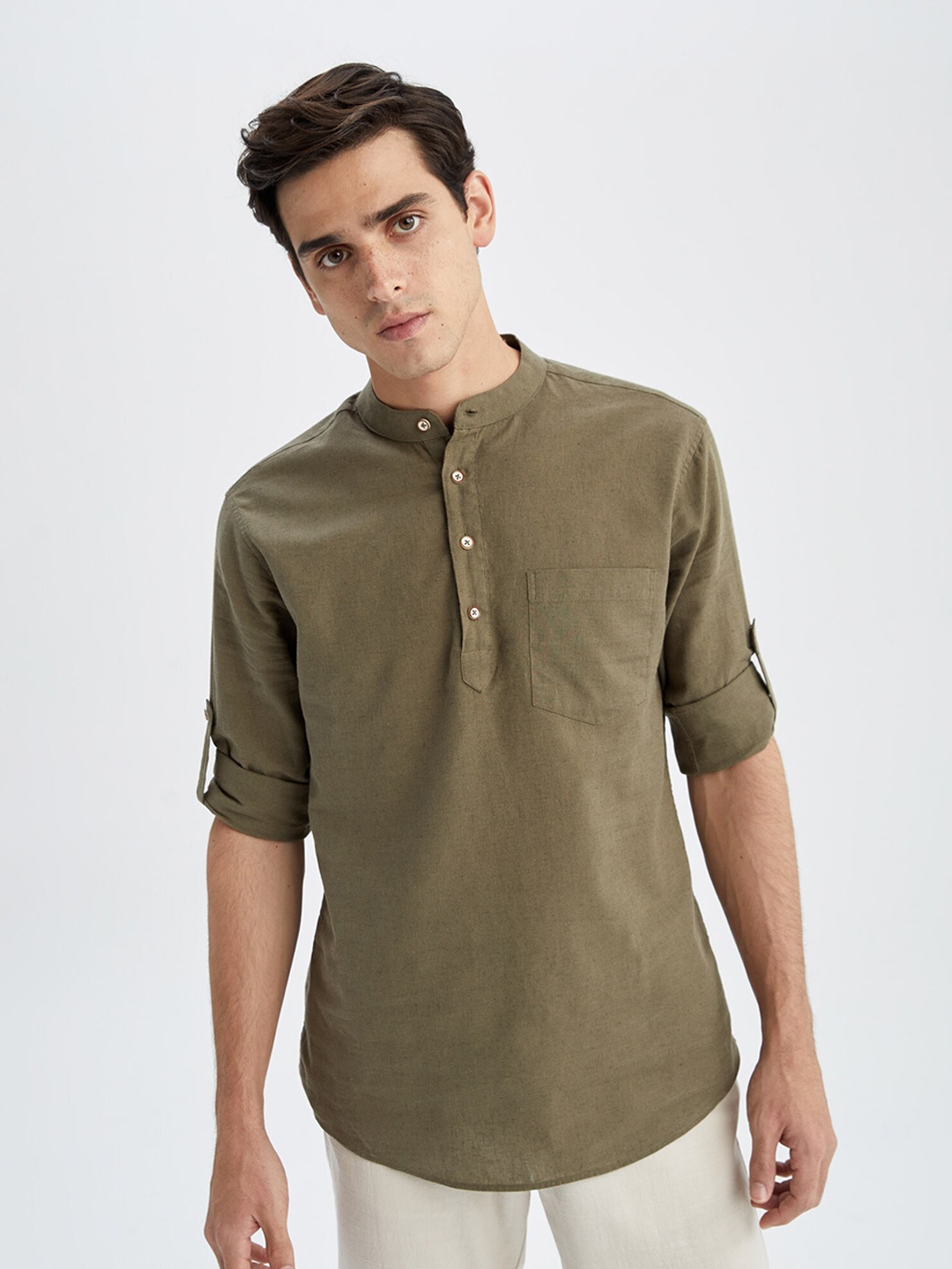 

DeFacto Mandarin Collar Cotton Casual Shirt, Olive