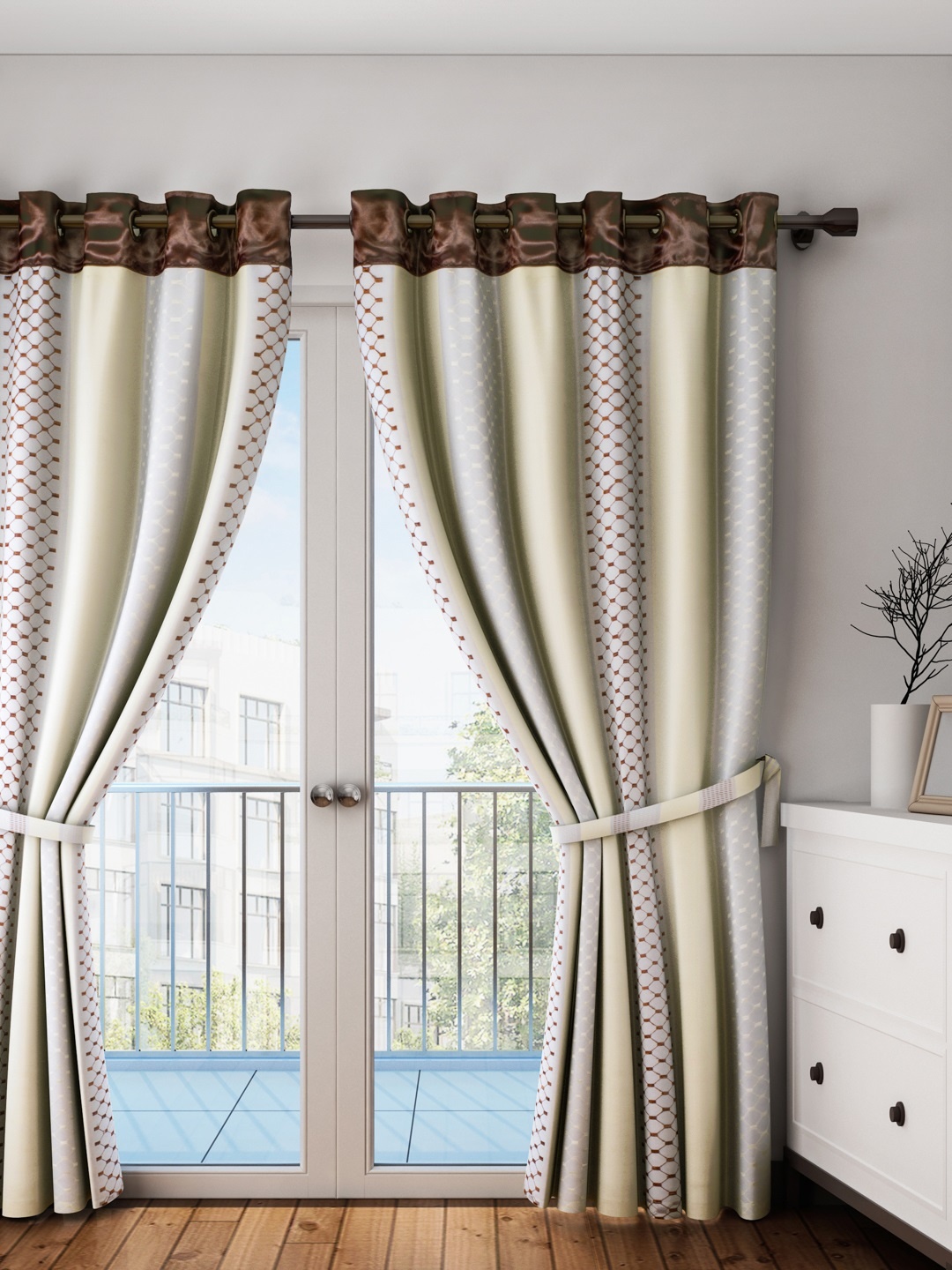 

Dreamscape Off-White Brown Single Printed Curtain with Lining