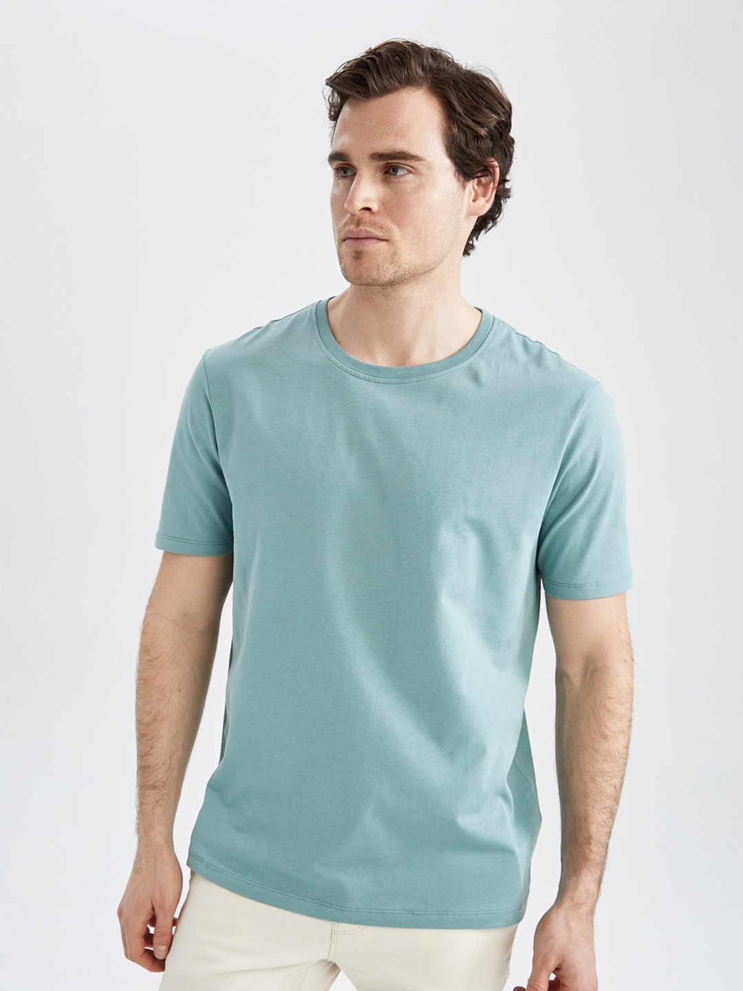 

DeFacto Round Neck Short Sleeves Pure Cotton T-shirt, Sea green