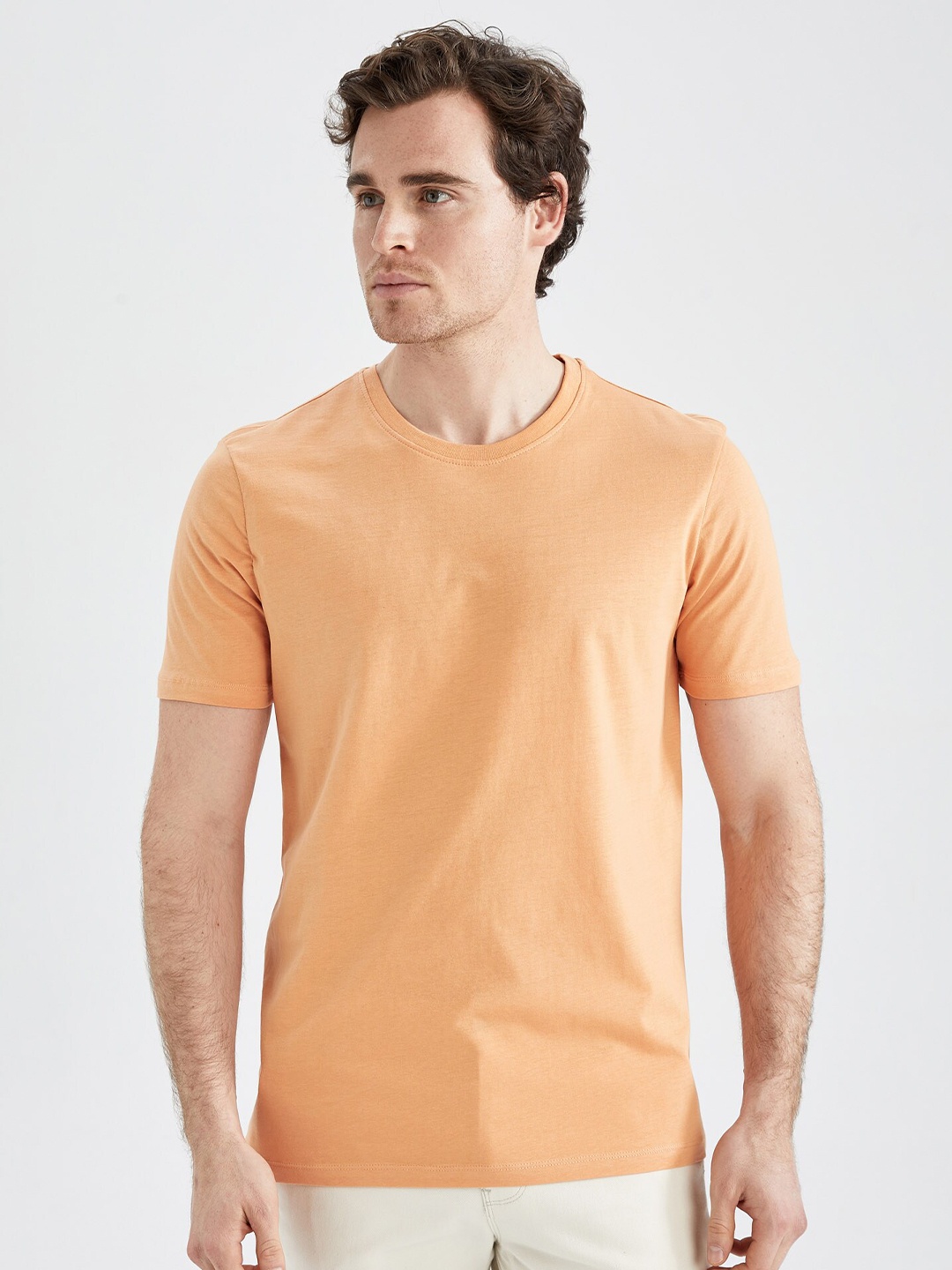 

DeFacto Ribbed Round Neck Cotton T-shirt, Orange