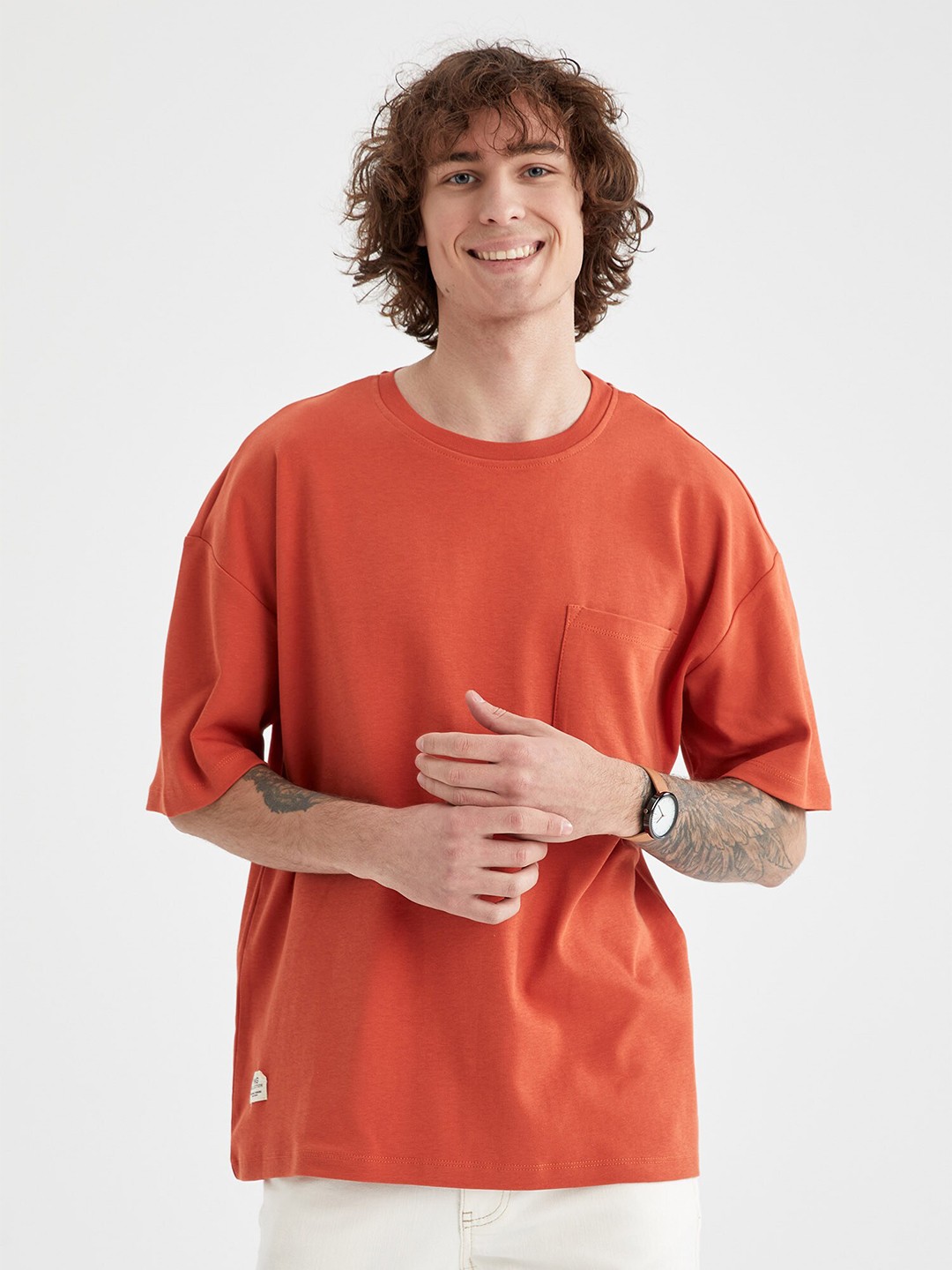 

DeFacto Drop-Shoulder Sleeves Cotton T-shirt, Orange