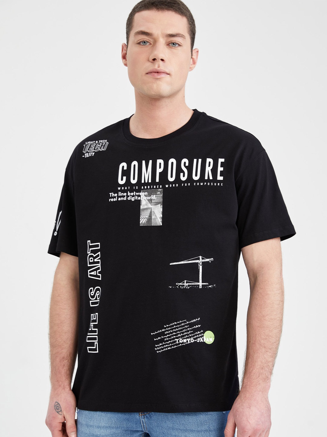 

DeFacto Typography Printed Drop Shoulder Sleeves Pure Cotton T-shirt, Black