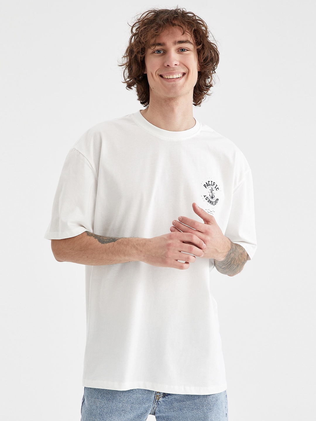

DeFacto Nautical Printed Drop shoulder Pure Cotton T-shirt, White