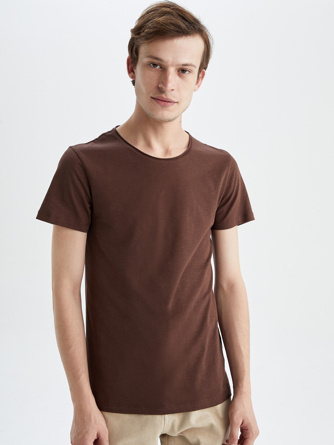 

DeFacto Round Neck Pure Cotton T-shirt, Brown