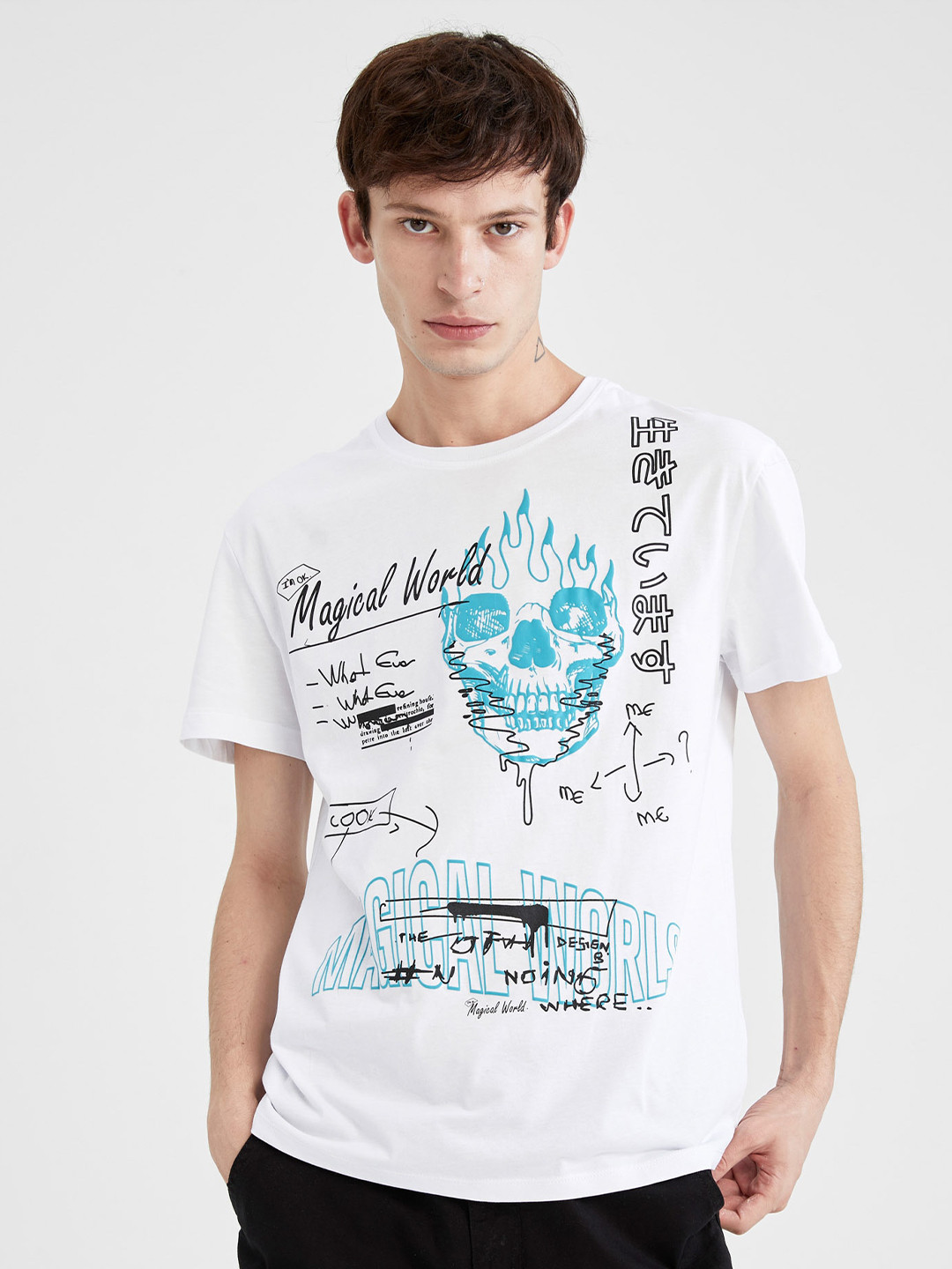 

DeFacto Round Neck Graphic Printed Cotton T-shirt, White