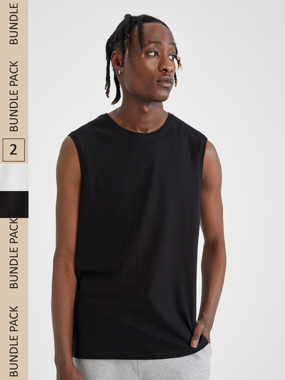 

DeFacto Pack Of 2 Round Neck Sleeveless Pure Cotton T-shirt, Black